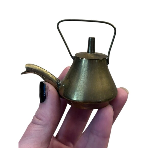 Vtg Mini Brass Teapot Kettle Spoon Fork & Stand Dollhouse Decorative - Picture 5 of 11